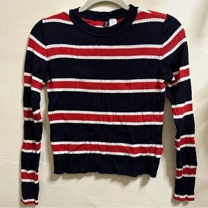 Divided Navy and Red Striped Long Sleeve Top